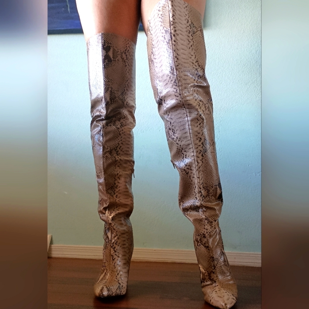 BAMBOO Snakeskin Over the Knee Boots - Brown